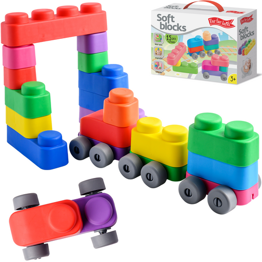 Soft Building Blocks (15 Pcs + 12 Wheels) Montessori Toys for Toddlers